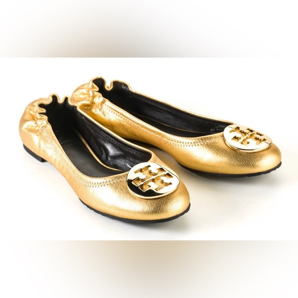 Tory Burch Shoes - Tory Burch Gold Minnie Reva Scrunch Back Leather Flats Size 6 MSRP $228